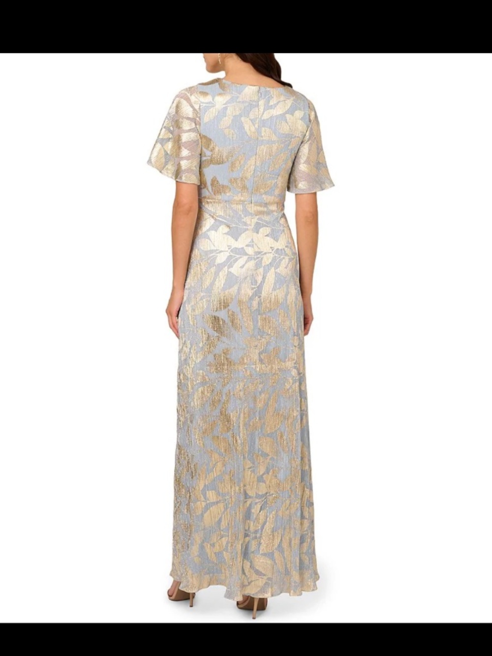 Cocktail dress: mid shin length. Light blue with gold thread flowers - Picture 2 of 2